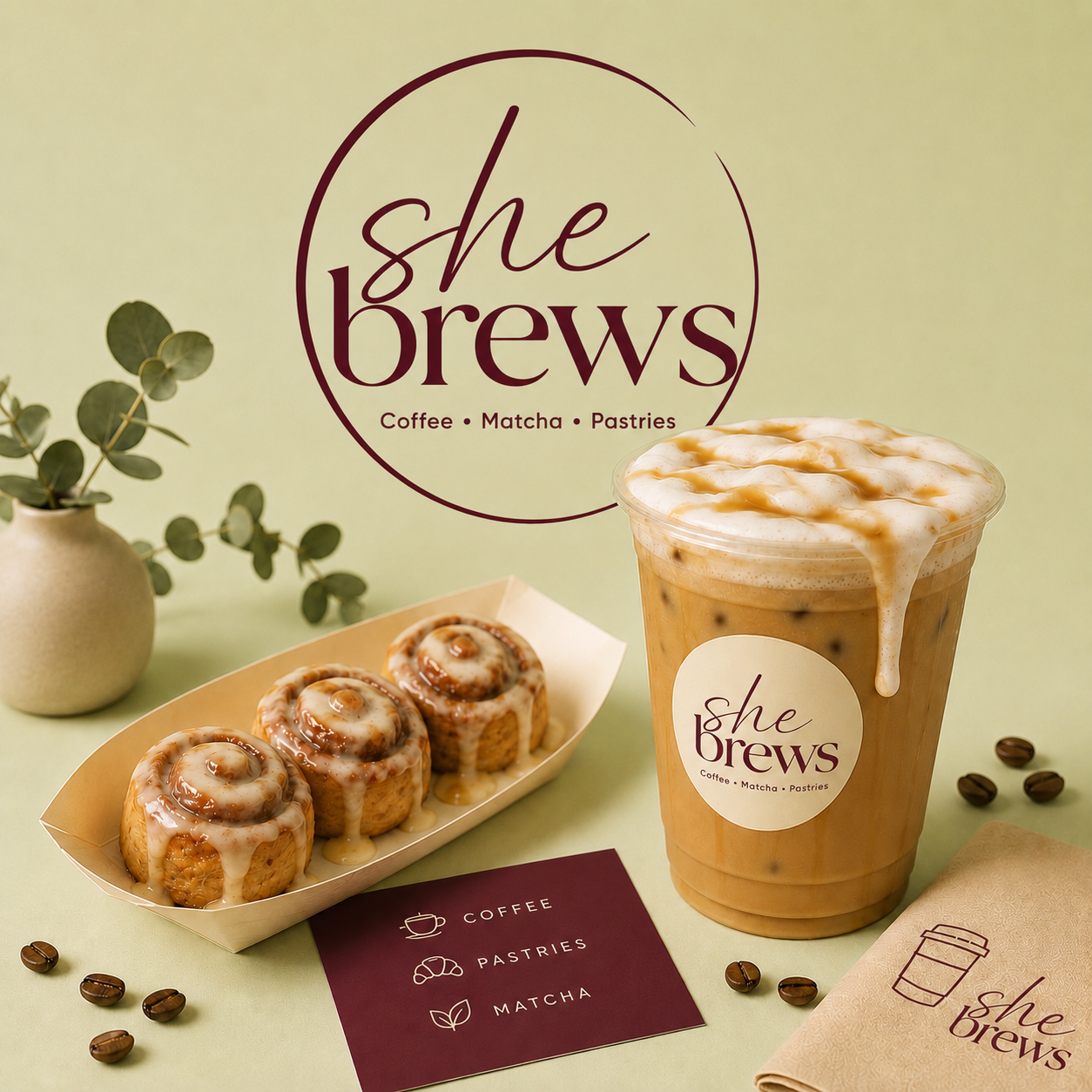 She Brews mini cinnamon rolls with iced latte and branding